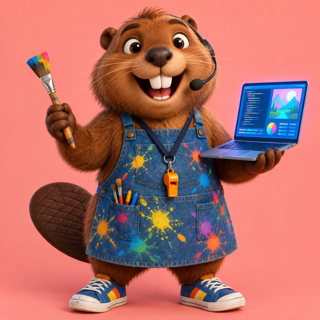 Coach Benny Beaver, the Coding, Art & Health professor: Paint-splattered maker apron, a coach’s whistle and a laptop.